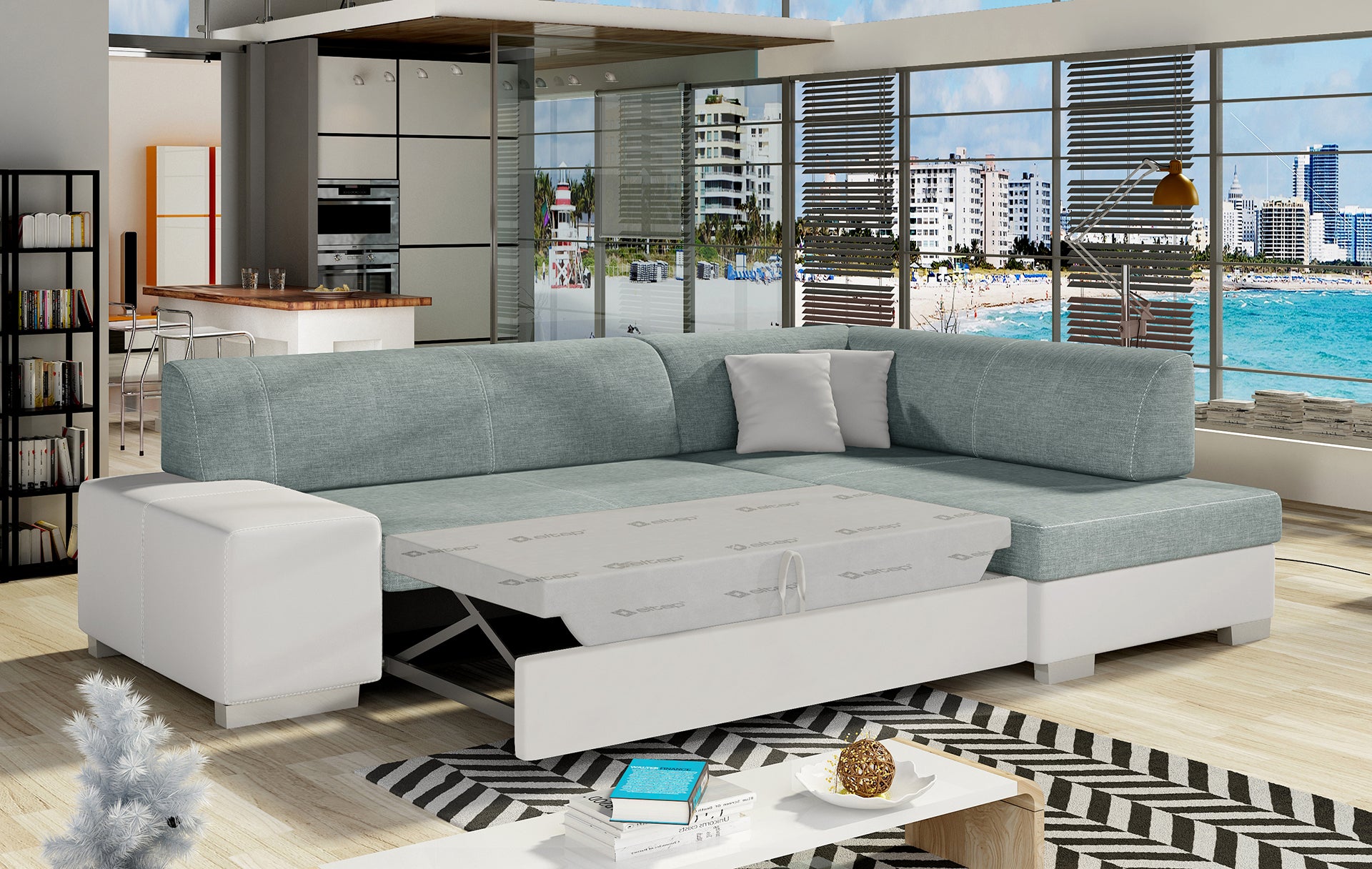 Narożnik Fabio niebieski/biały – rozłożona funkcja spania, układ prawy.