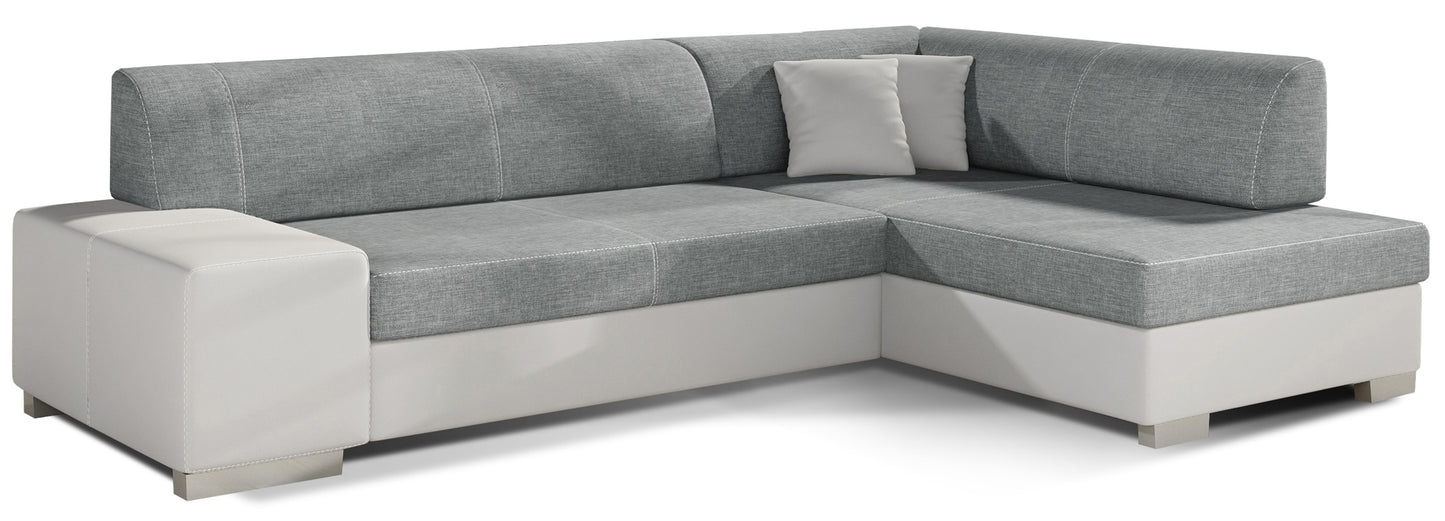 Narożnik Fabio, Cover 83 szary z elementami Soft 17 biały – widok frontowy, układ prawy.