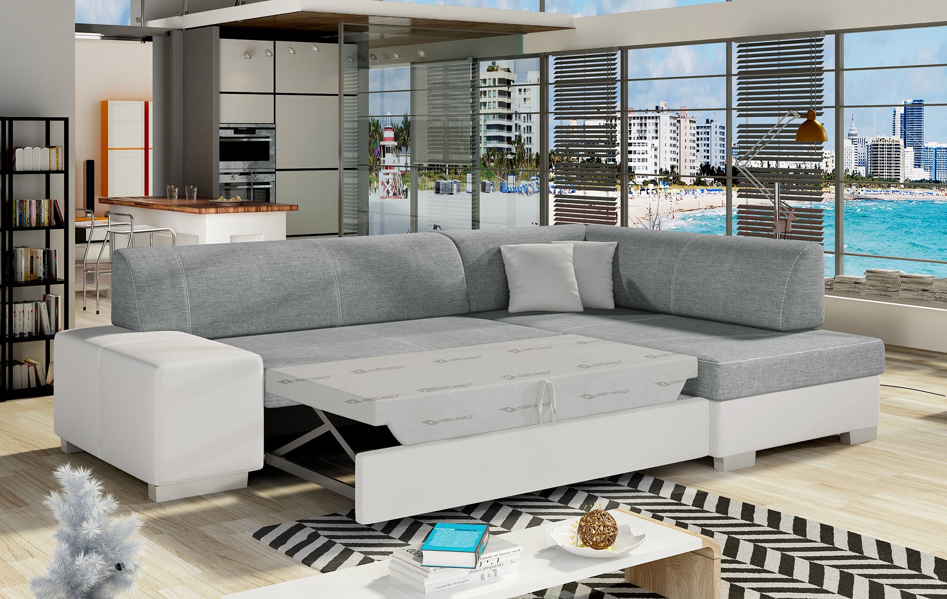 Narożnik Fabio szary/biały – rozłożona funkcja spania, układ prawy.