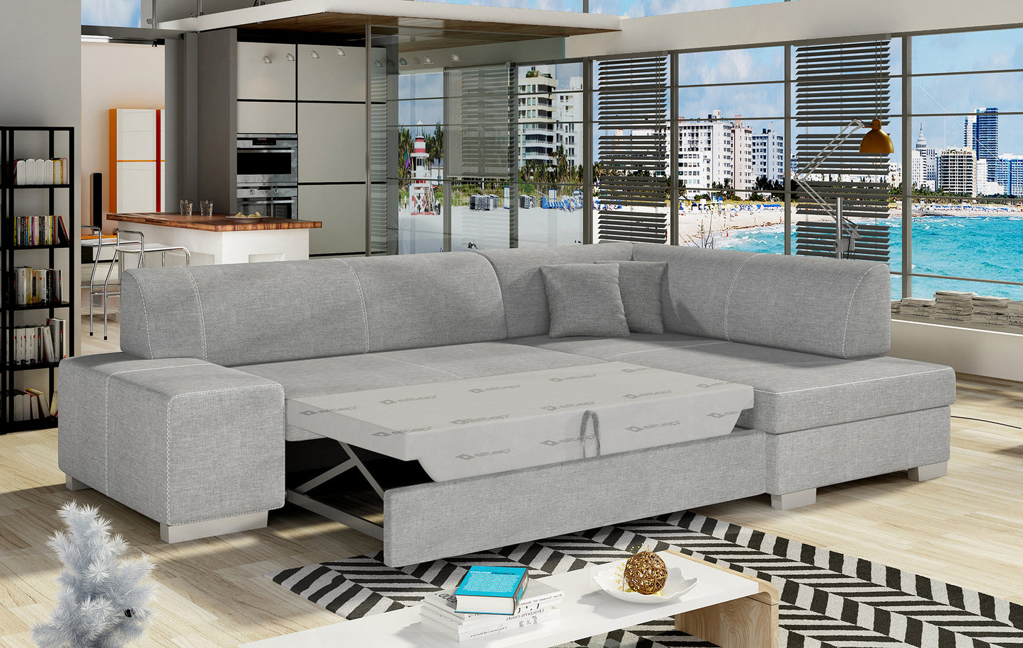 Perspektywiczny widok boczny narożnika Fabio – układ prawy, tkanina Sawana 21 jasnoszary.