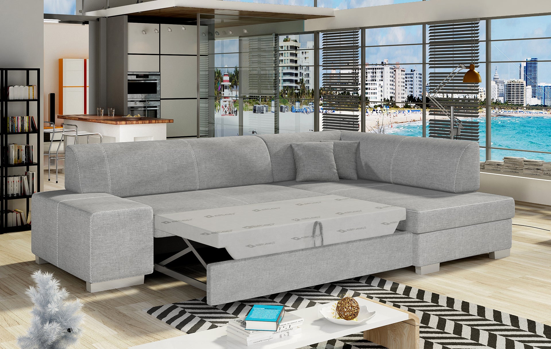 Perspektywiczny widok boczny narożnika Fabio – układ prawy, tkanina Sawana 21 jasnoszary.