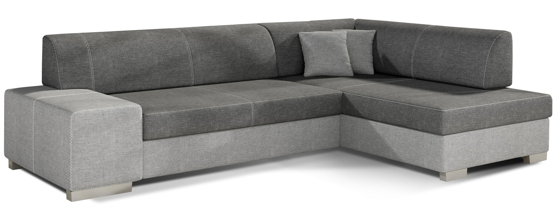 Narożnik Fabio w tkaninie Sawana 05 szary i Sawana 21 jasnoszary – widok frontowy, układ prawy.