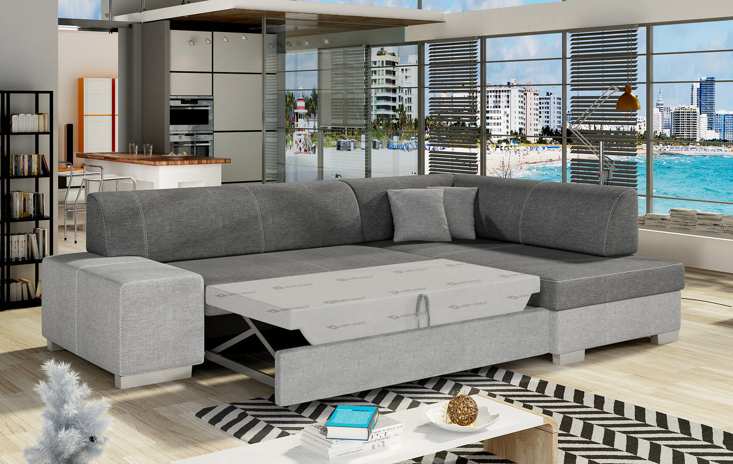 Narożnik Fabio szary/jasnoszary – rozłożona funkcja spania, układ prawy.