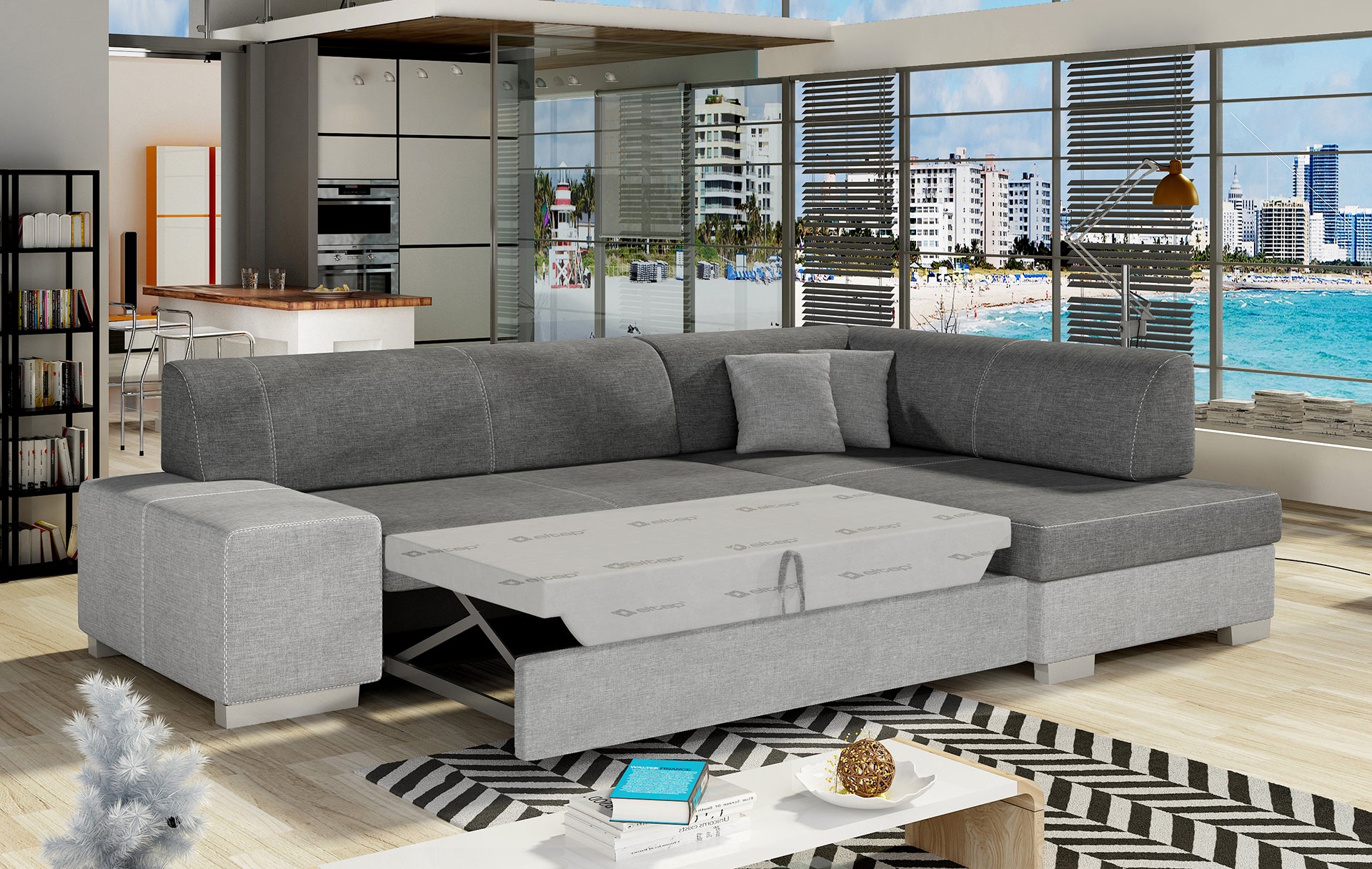 Narożnik Fabio szary/jasnoszary – rozłożona funkcja spania, układ prawy.