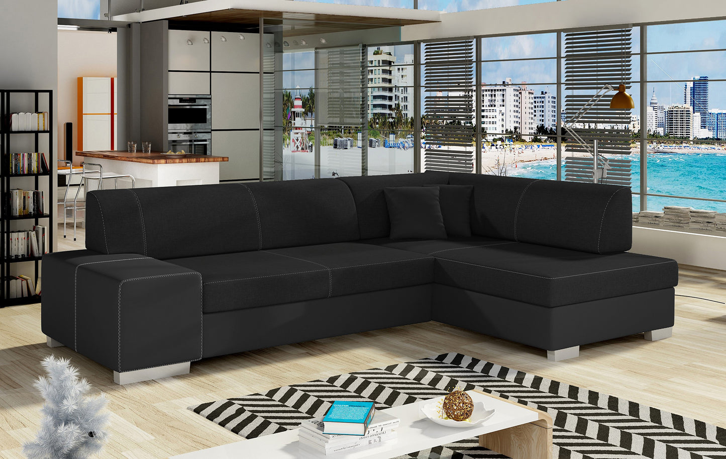 Narożnik Fabio czarny (Sawana 14/Soft 11) w aranżacji salonu, szezlong po prawej stronie.