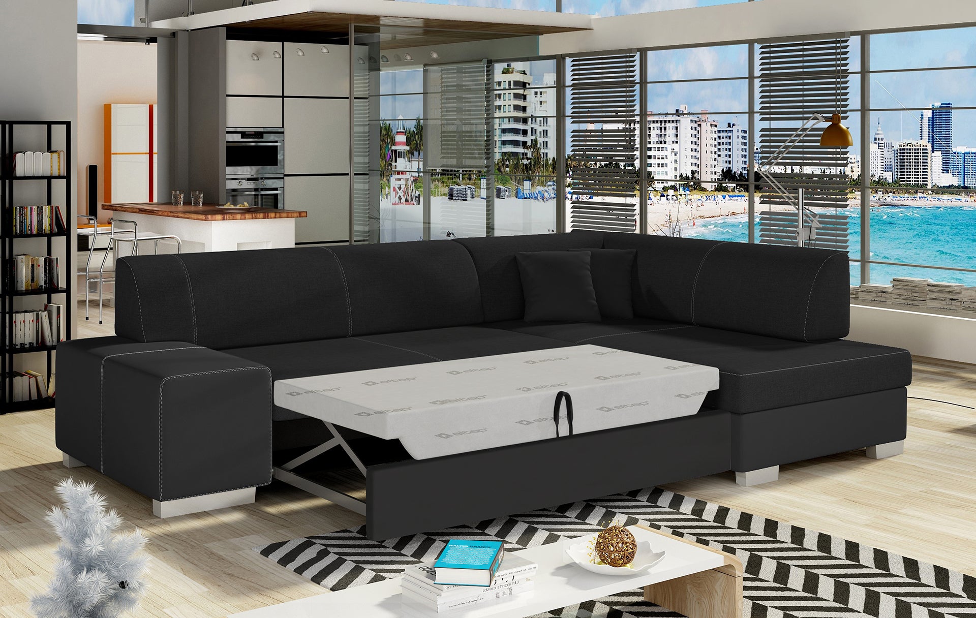 Perspektywiczny widok narożnika Fabio – czarny, układ prawy, zbliżenie na siedzisko.