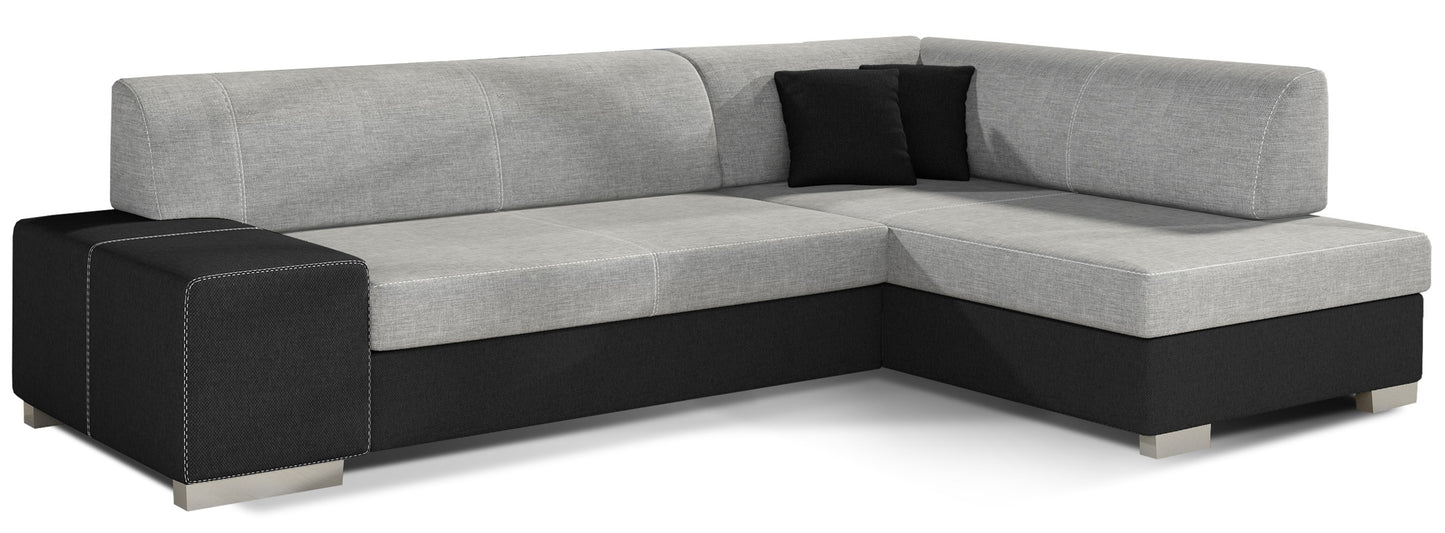 Narożnik Fabio, Sawana 21 jasnoszary z elementami Soft 11 czarny – widok frontowy, układ prawy.