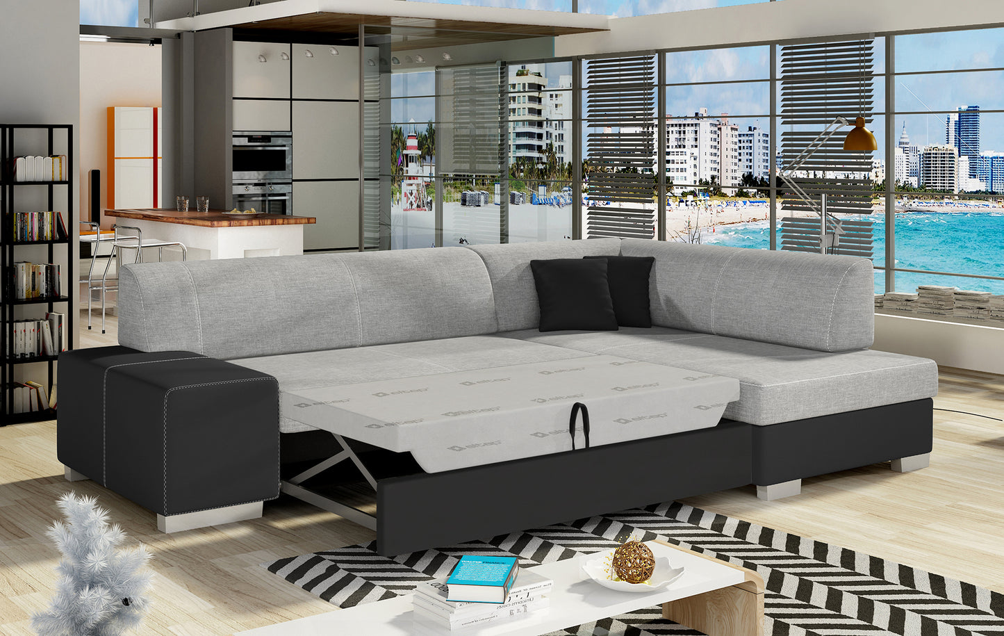 Narożnik Fabio jasnoszary/czarny – rozłożona funkcja spania, układ prawy