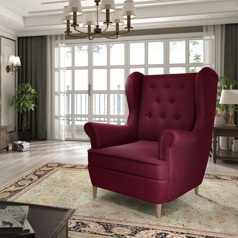 Fotel Aros uszak w salonie – bordowy MatVelvet 68, stylowy fotel wypoczynko
