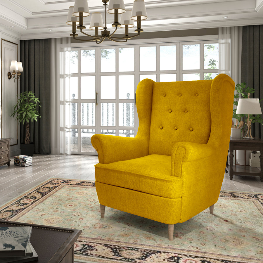 Fotel Aros uszak w salonie – tkanina Omega 68 żółta, elegancki fotel wypoczynkowy
