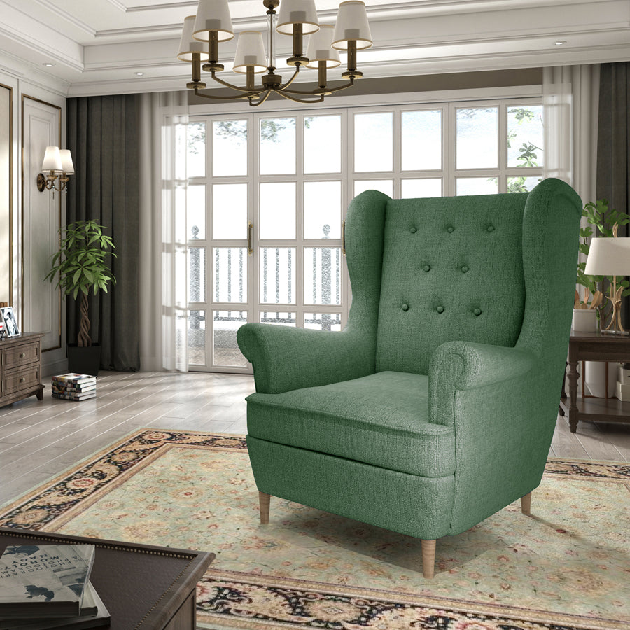 Fotel Aros uszak w salonie – zielony Solid 39, elegancki fotel wypoczynkow