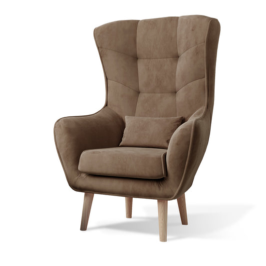 Fotel Arti w kolorze Monolith 09 jasnobrązowy, widok na całość, nowoczesny design z wysokim oparciem i drewnianymi nogami.