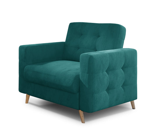 Fotel Asgard w kolorze Kronos 13 turkusowy, nowoczesny fotel z pikowanym oparciem, szerokimi podłokietnikami i drewnianymi nogami.