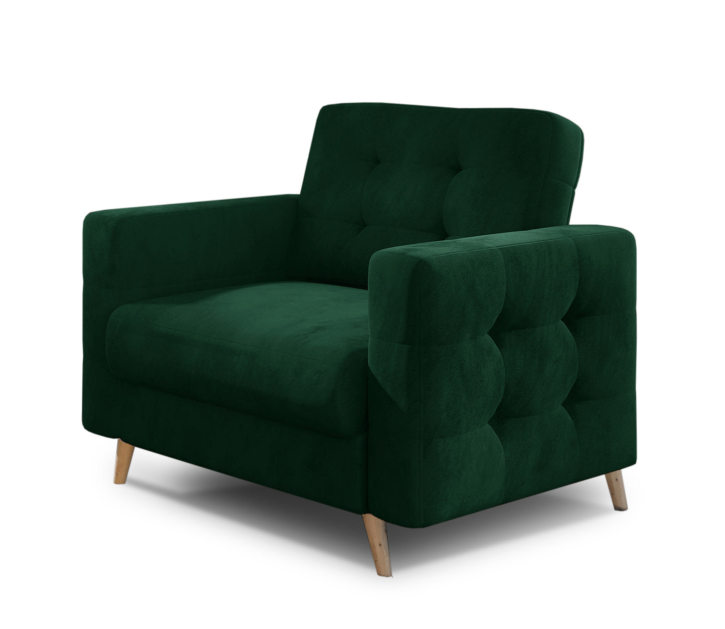 Fotel Asgard w kolorze Kronos 19 zielony, elegancki fotel z pikowanym oparciem, szerokimi podłokietnikami i drewnianymi nogami.