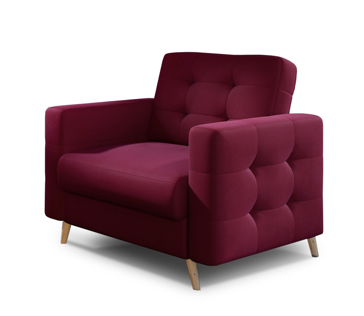 Fotel Asgard w kolorze Matt Velvet 68 bordowy, elegancki fotel z pikowanym oparciem, szerokimi podłokietnikami i drewnianymi nogami.