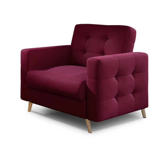 Fotel Asgard w kolorze Matt Velvet 68 bordowy, elegancki fotel z pikowanym oparciem, szerokimi podłokietnikami i drewnianymi nogami.