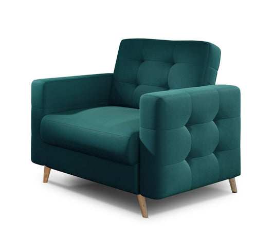 Fotel Asgard w kolorze Matt Velvet 75 zielony, elegancki fotel z pikowanym oparciem, szerokimi podłokietnikami i drewnianymi nogami.