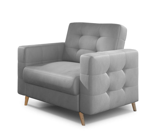 Fotel Asgard w kolorze Monolith 84 jasnoszary, elegancki fotel z pikowanym oparciem, szerokimi podłokietnikami i drewnianymi nogami.