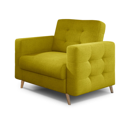 Fotel Asgard w kolorze Omega 68 żółty, stylowy fotel z pikowanym oparciem, szerokimi podłokietnikami i drewnianymi nogami.