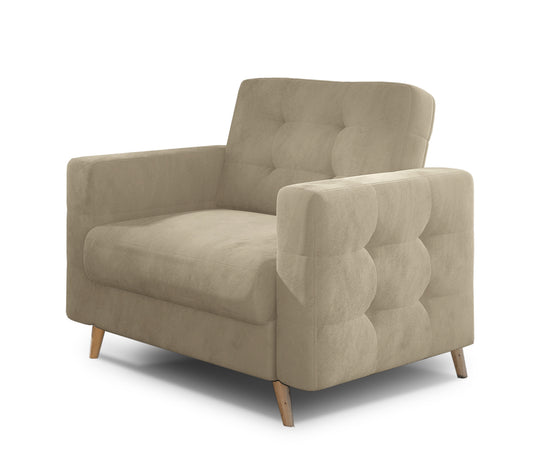 Fotel Asgard w kolorze Kronos 19 zielony, stylowy fotel z pikowanym oparciem, szerokimi podłokietnikami i drewnianymi nogami.