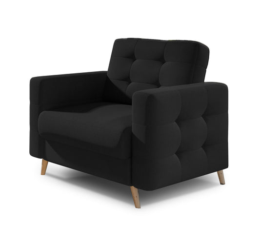 Fotel Asgard w kolorze Sawana 14 czarny, elegancki fotel z pikowanym oparciem, szerokimi podłokietnikami i drewnianymi nogami.