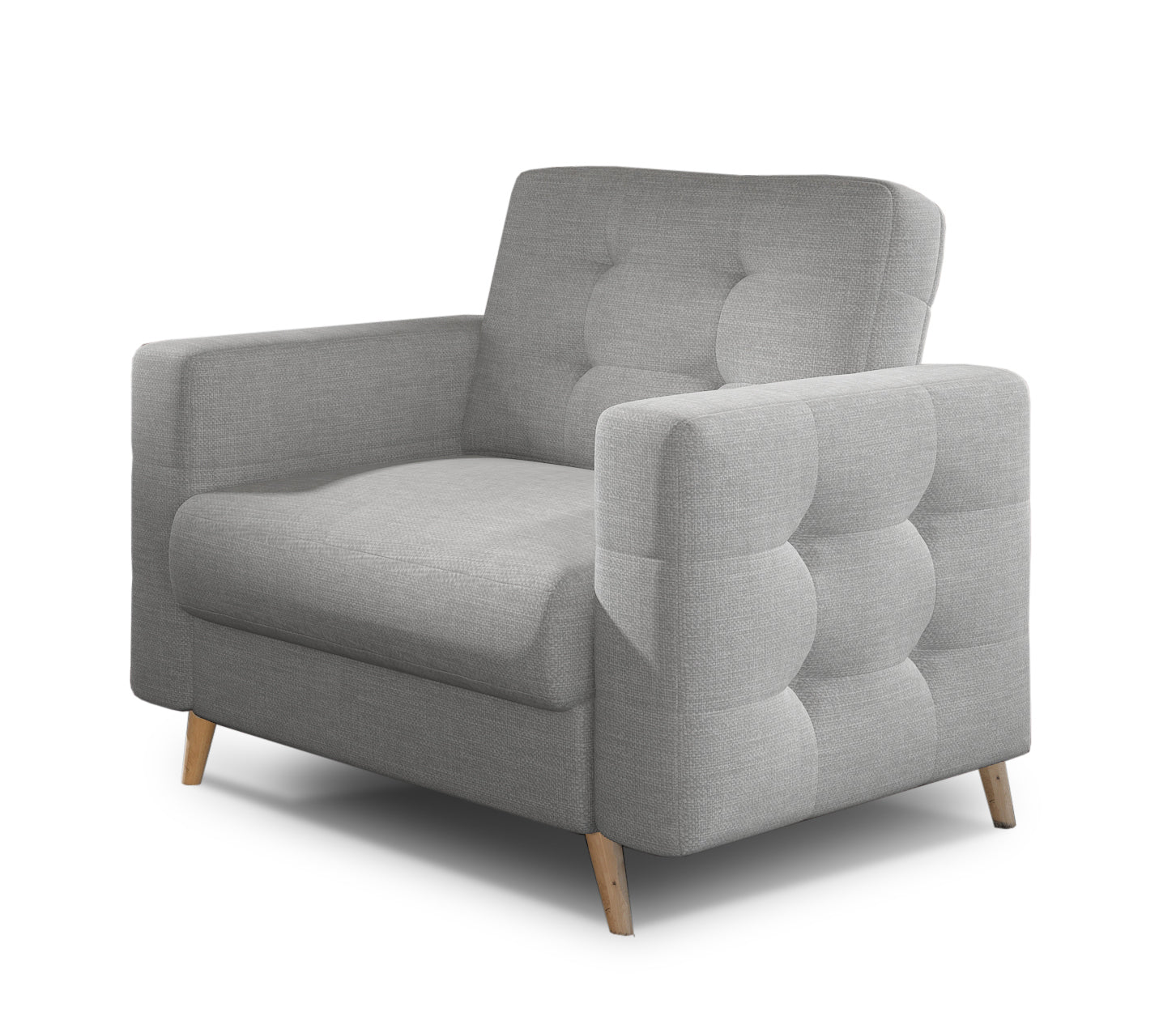 Fotel Asgard w kolorze Sawana 21 szary, nowoczesny fotel z pikowanym oparciem, szerokimi podłokietnikami i drewnianymi nogami.