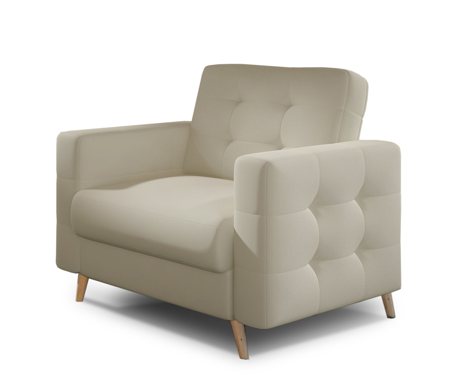 Fotel Asgard w kolorze Soft 33 jasnobeżowy, elegancki fotel z pikowanym oparciem, szerokimi podłokietnikami i drewnianymi nogami.