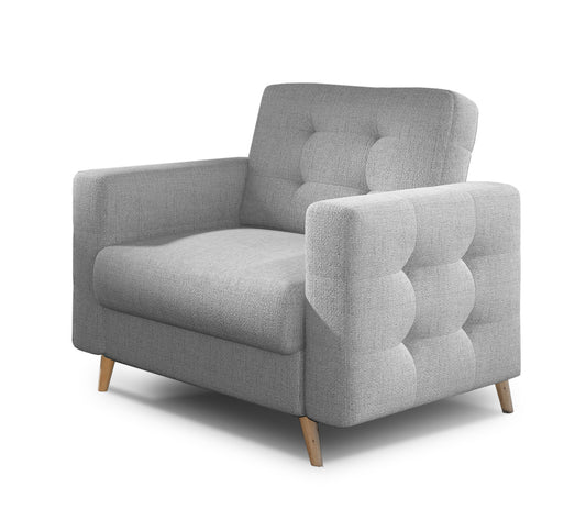 Fotel Asgard w kolorze Solid 09 beżowy, elegancki fotel z pikowanym oparciem, szerokimi podłokietnikami i drewnianymi nogami.