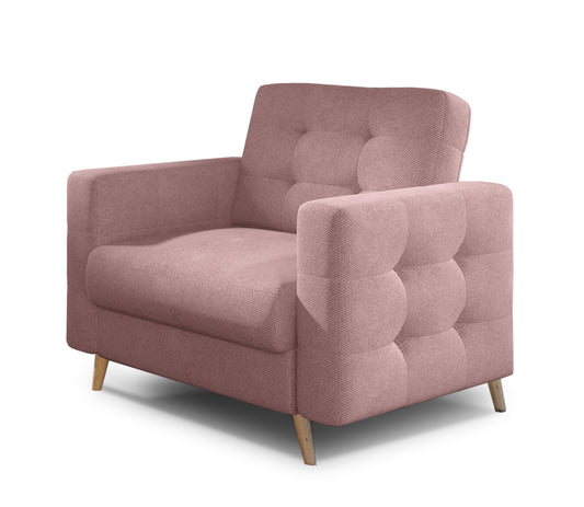 Fotel Asgard w kolorze Soro 61 jasnoróżowy, elegancki fotel z pikowanym oparciem, szerokimi podłokietnikami i drewnianymi nogami.