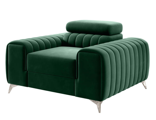 Fotel Laurence w kolorze Lukso 35 zielony – elegancki model z pikowanymi bokami i metalowymi nogami.