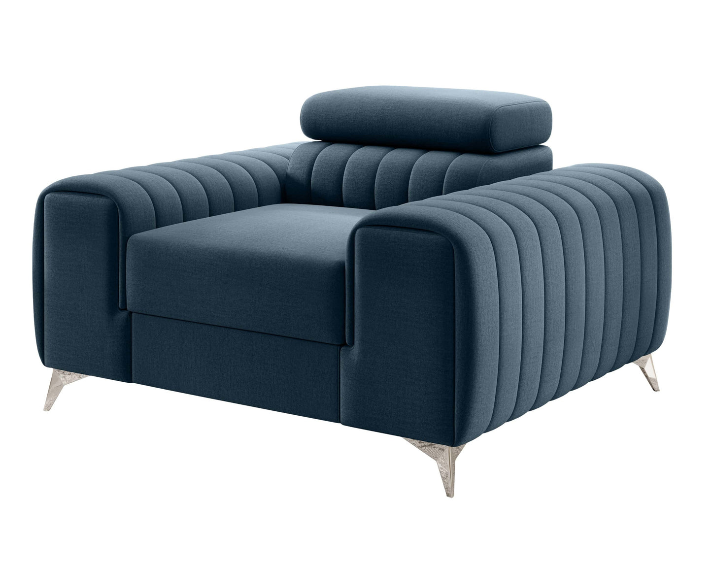 Fotel Laurence w kolorze Monolith 76 niebieski – elegancki model z pikowanymi bokami i metalowymi nogami.