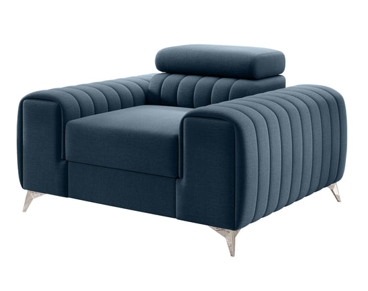 Fotel Laurence w kolorze Monolith 76 niebieski – elegancki model z pikowanymi bokami i metalowymi nogami.