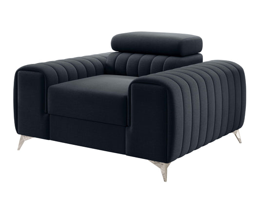 Fotel Laurence w kolorze Monolith 79 granatowy – elegancki model z pikowanymi bokami i metalowymi nogami.