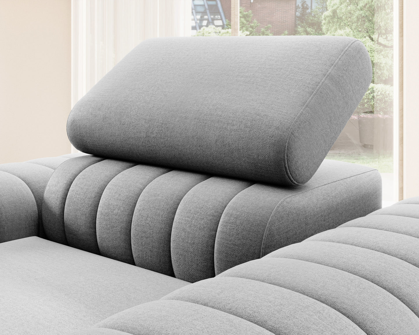 Zbliżenie na zagłówek fotela Laurence Nube 03 jasnoszary – ergonomiczny, regulowany element zapewniający komfort wypoczynku.