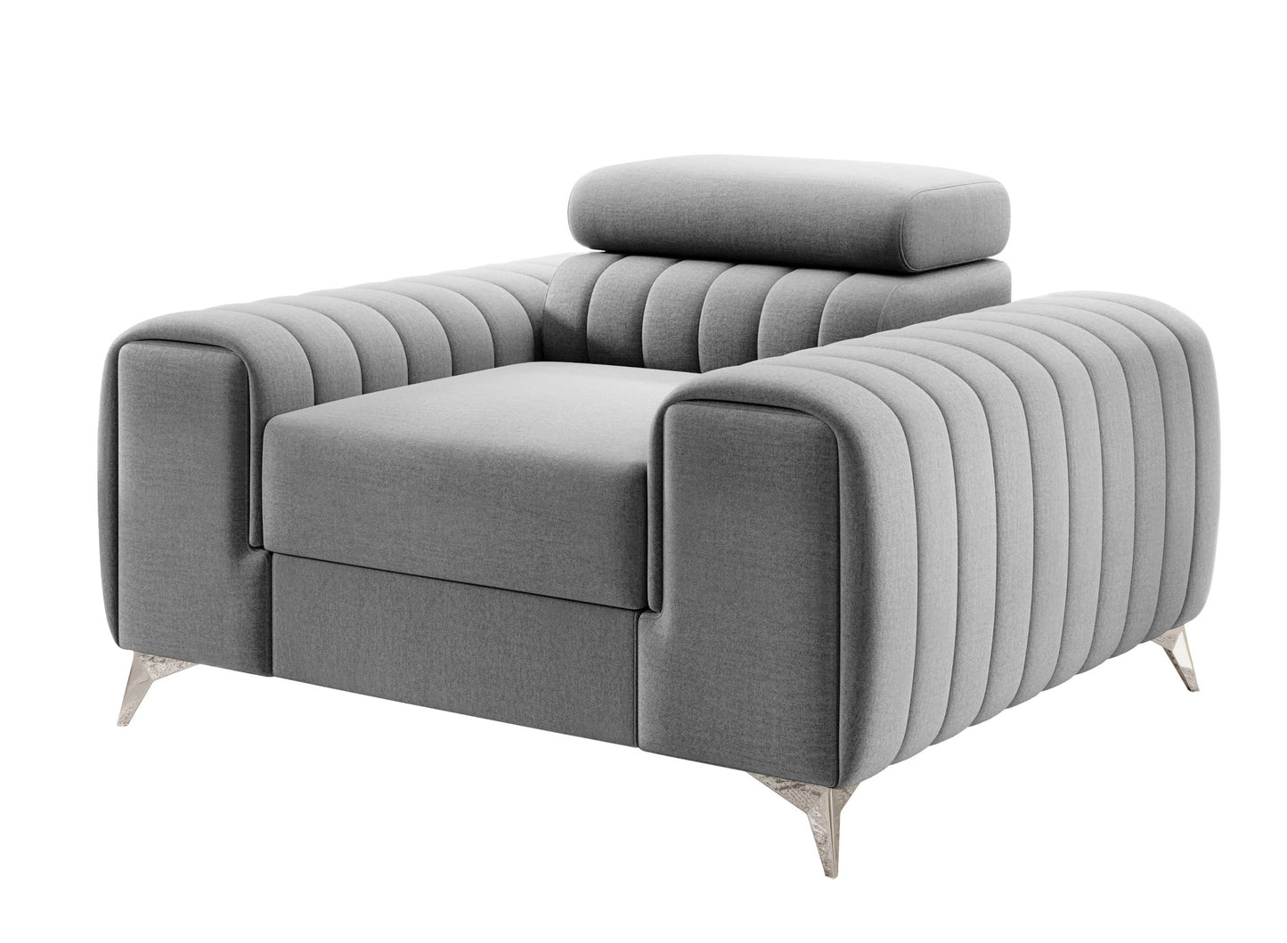 Fotel Laurence w kolorze Nube 03 jasnoszary – widok na całość, nowoczesny design z poziomym pikowaniem i metalowymi nogami.