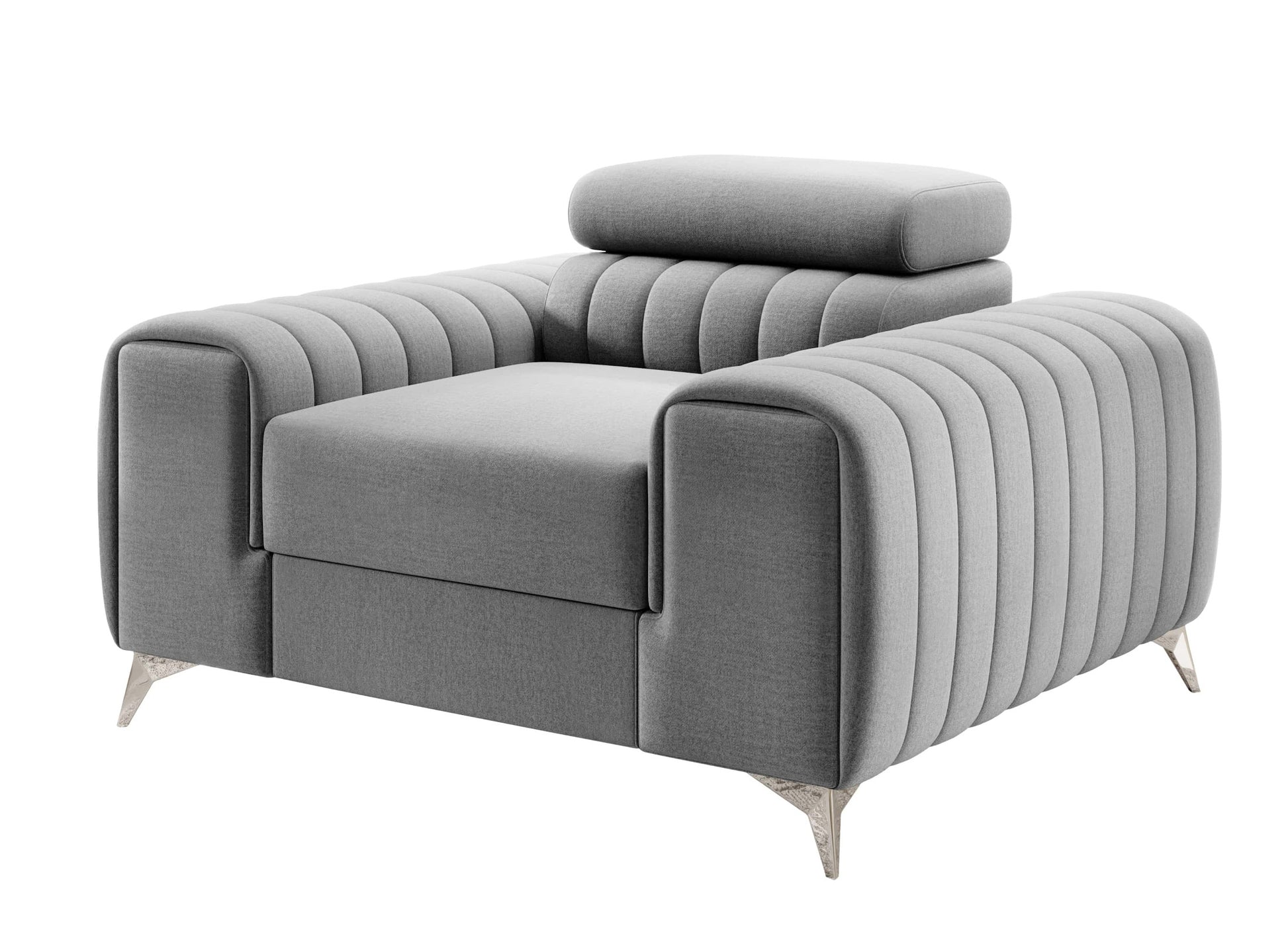 Fotel Laurence w kolorze Nube 03 jasnoszary – widok na całość, nowoczesny design z poziomym pikowaniem i metalowymi nogami.