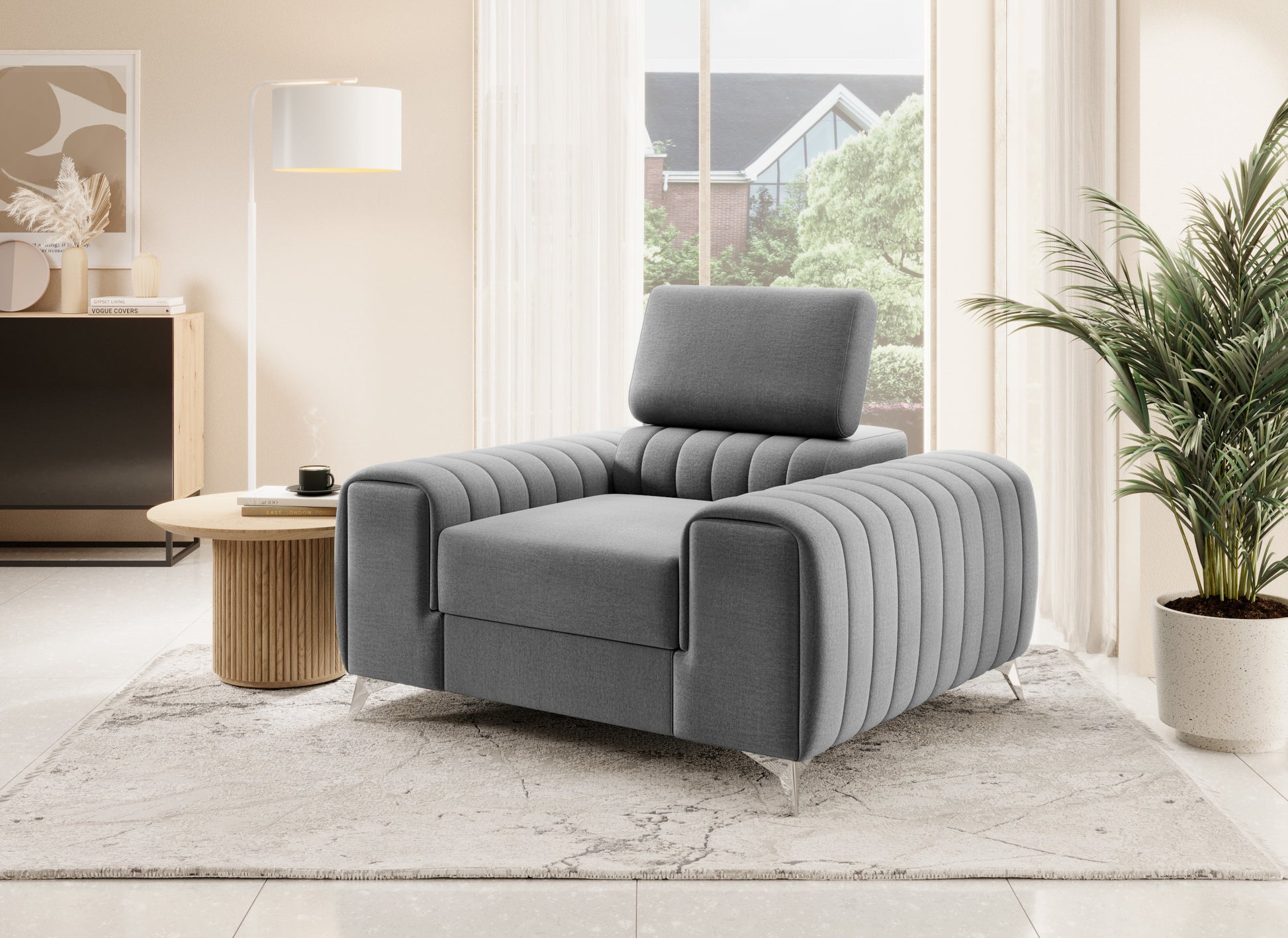 Fotel Laurence Nube 04 szary w jasnym, eleganckim salonie – nowoczesny akcent we wnętrzu.