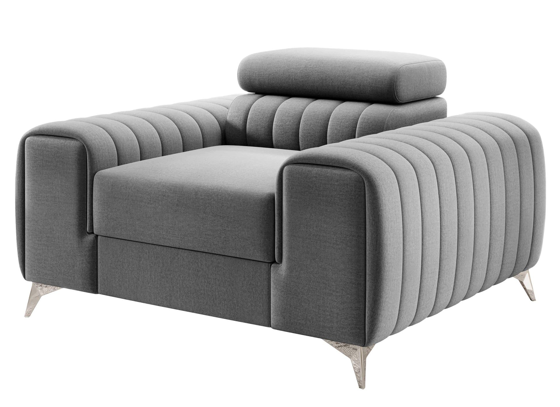 Fotel Laurence w kolorze Nube 04 szary – nowoczesny model z pikowanymi bokami i metalowymi nogami.