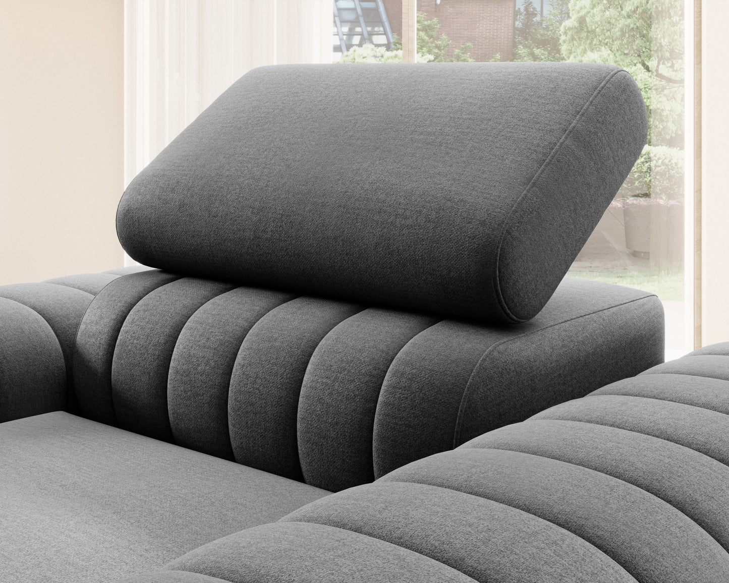 Zbliżenie na zagłówek fotela Laurence Nube 05 ciemnoszary – regulowany, ergonomiczny element zapewniający wygodę.
