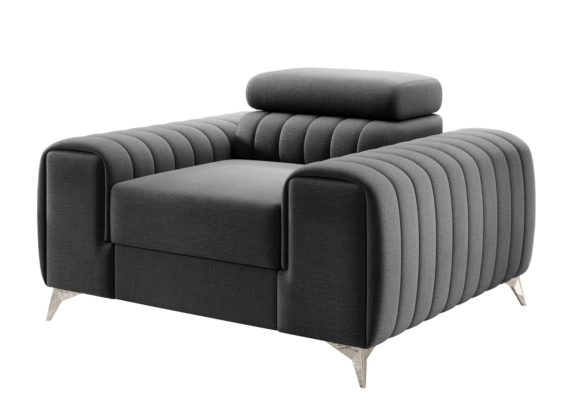Fotel Laurence w kolorze Nube 05 ciemnoszary – nowoczesny design z szerokimi podłokietnikami i metalowymi nogami.