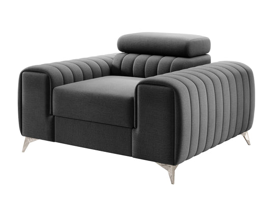 Fotel Laurence w kolorze Nube 05 ciemnoszary – nowoczesny design z szerokimi podłokietnikami i metalowymi nogami.