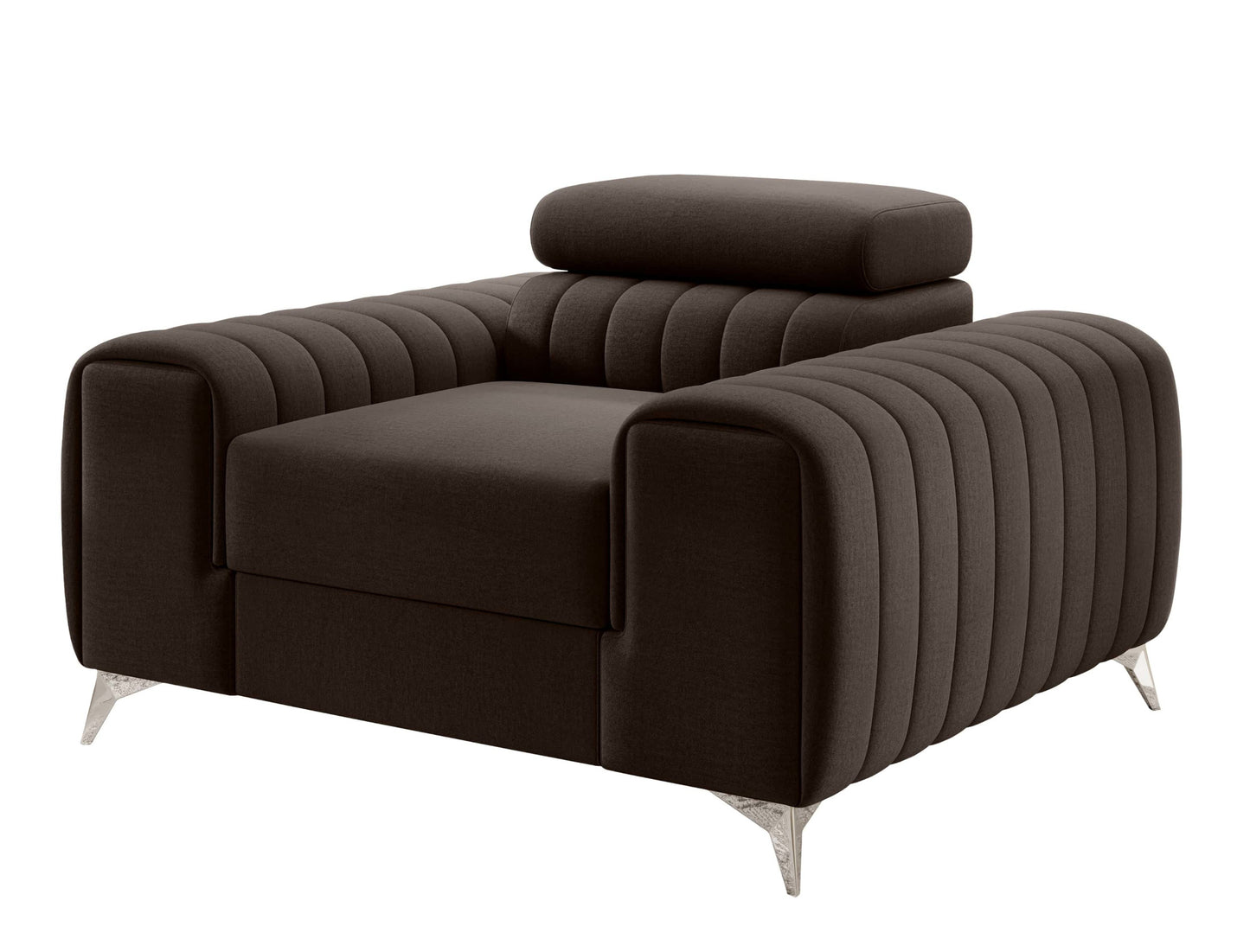 Fotel Laurence w kolorze Nube 22 brązowy – nowoczesny model z eleganckim pikowaniem i metalowymi nogami.