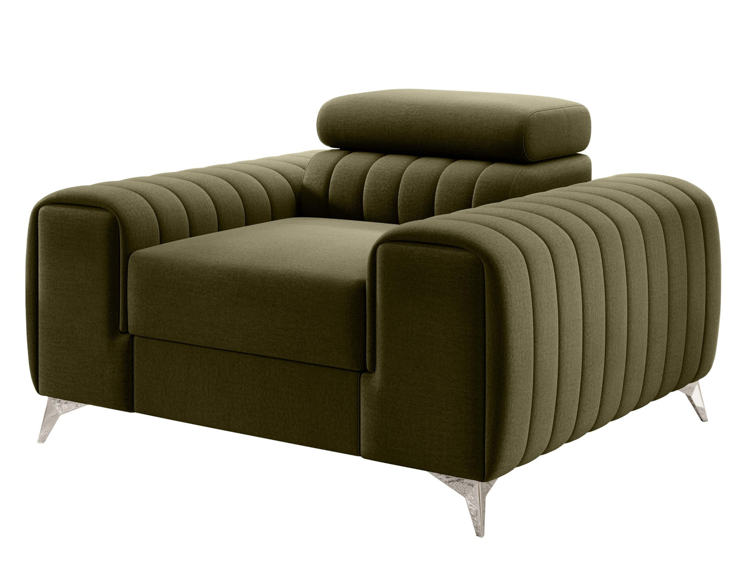 Fotel Laurence w kolorze Nube 33 ciemnozielony – elegancki model z pikowanymi bokami i metalowymi nogami.