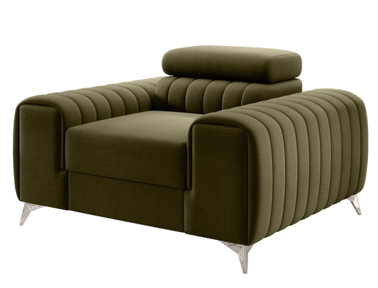 Fotel Laurence w kolorze Nube 33 ciemnozielony – elegancki model z pikowanymi bokami i metalowymi nogami.