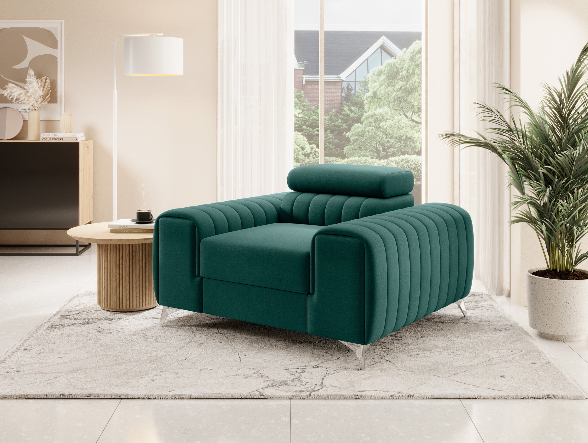 Fotel Laurence Nube 35 zielony w eleganckim salonie – stylowy mebel w naturalnym odcieniu zieleni.