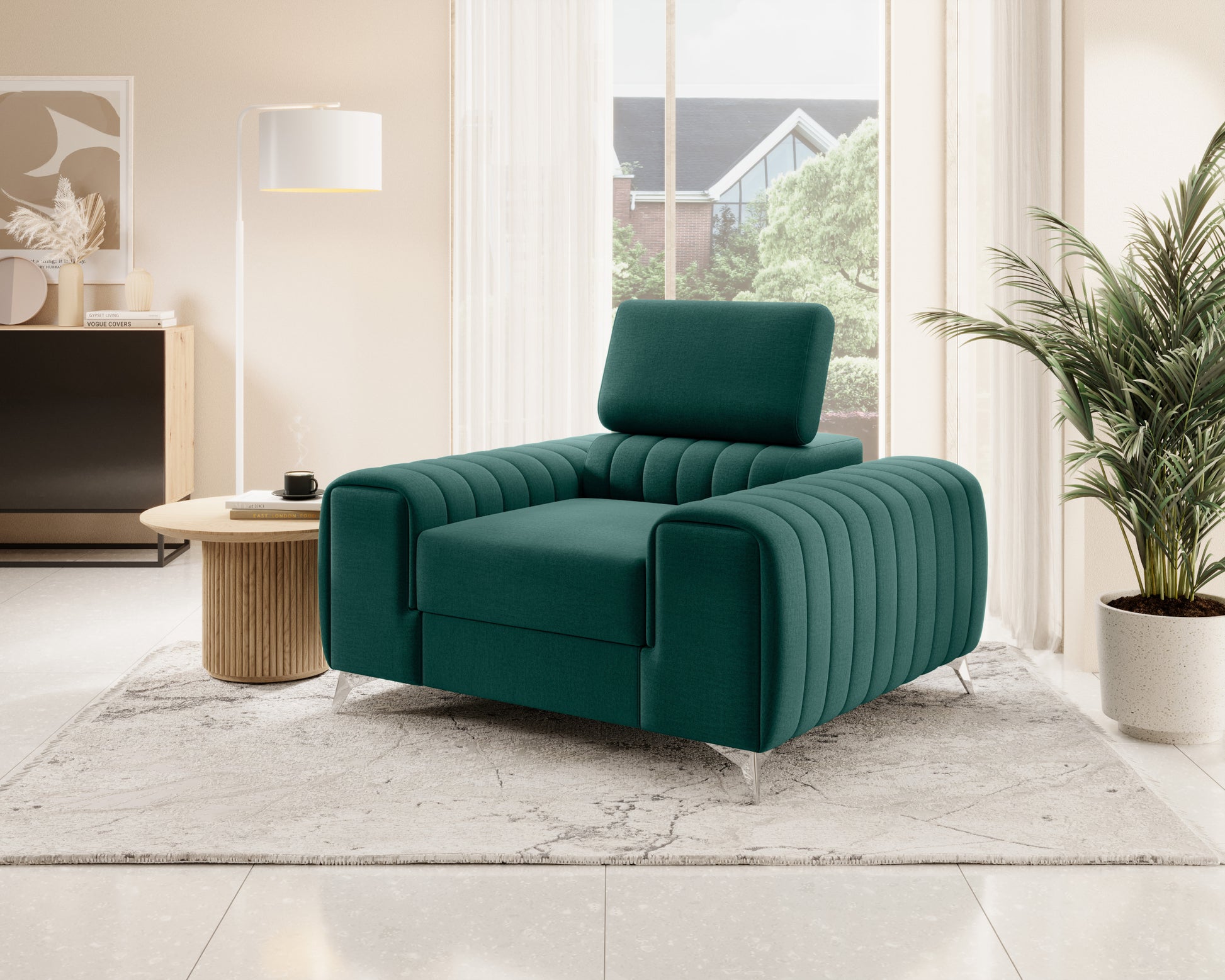 Fotel Laurence Nube 35 zielony w eleganckim salonie – stylowy mebel w naturalnym odcieniu zieleni.