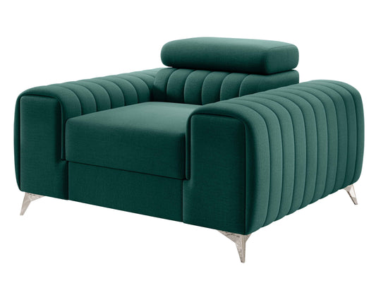 Fotel Laurence w kolorze Nube 35 zielony – nowoczesny model z pikowanymi bokami i metalowymi nogami.