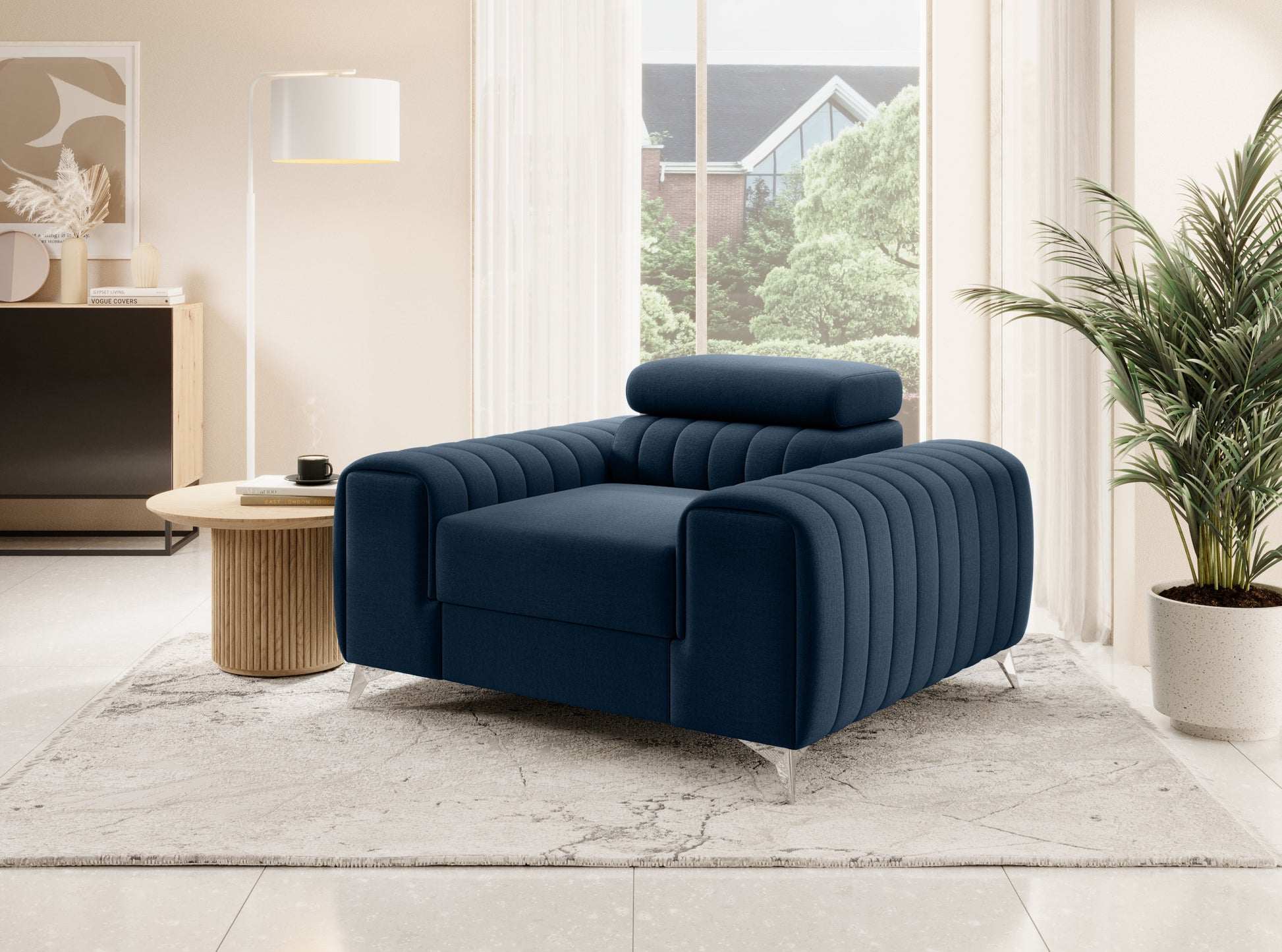 Fotel Laurence Nube 40 granatowy w eleganckim salonie – stylowy mebel w głębokim odcieniu granatu.