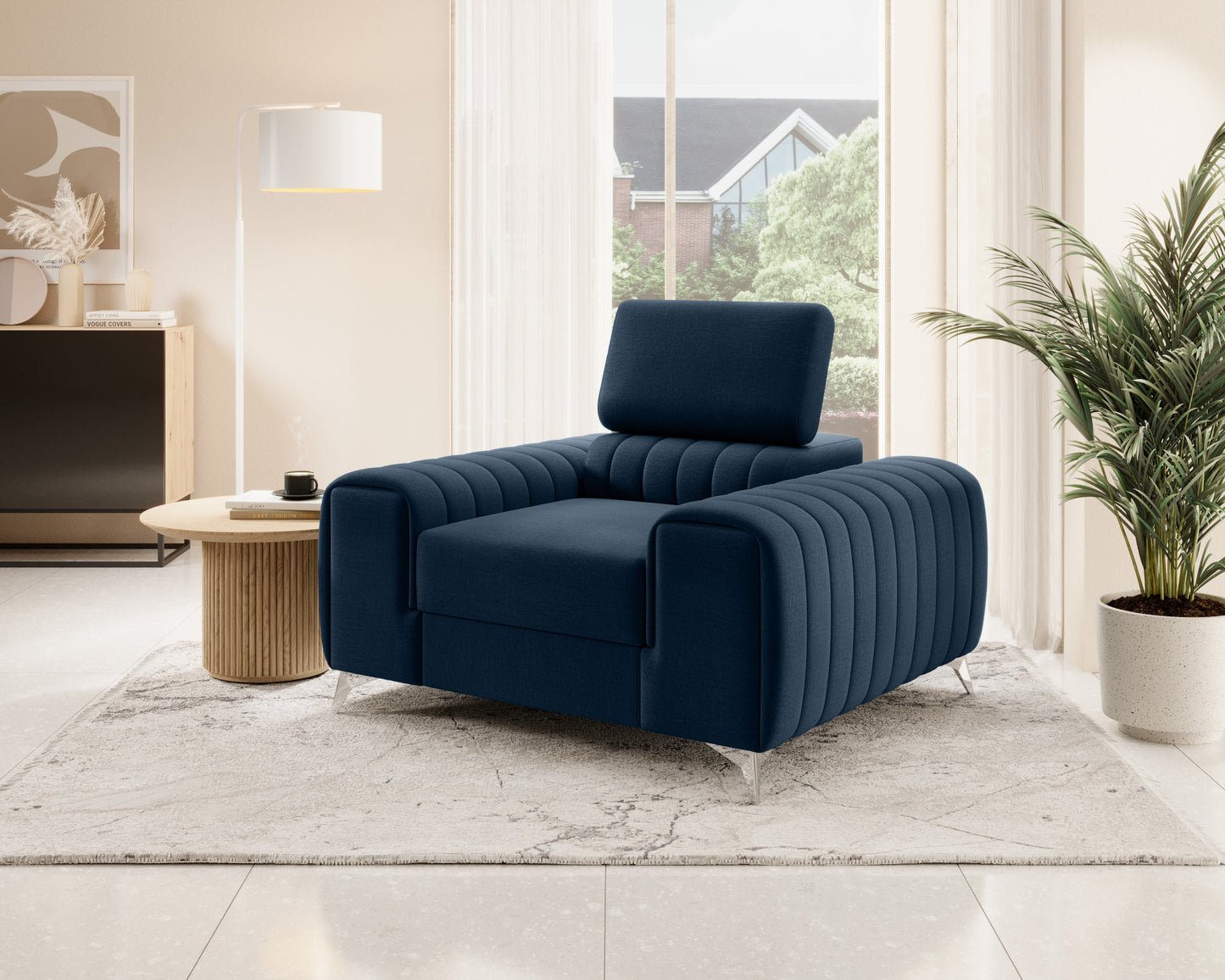 Fotel Laurence Nube 40 granatowy w eleganckim salonie – stylowy mebel w głębokim odcieniu granatu.