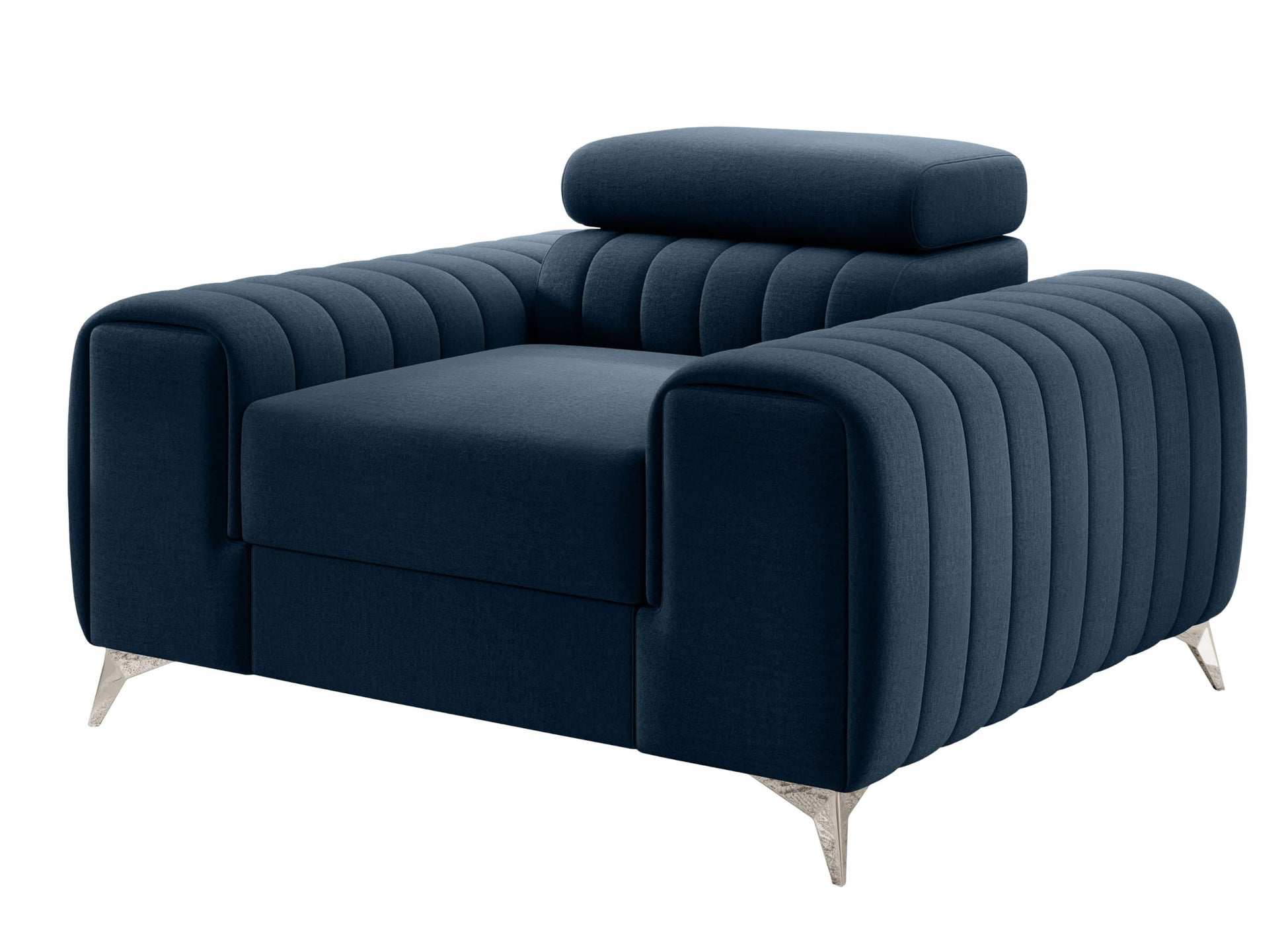 Fotel Laurence w kolorze Nube 40 granatowy – nowoczesny design z pikowanymi bokami i metalowymi nogami.